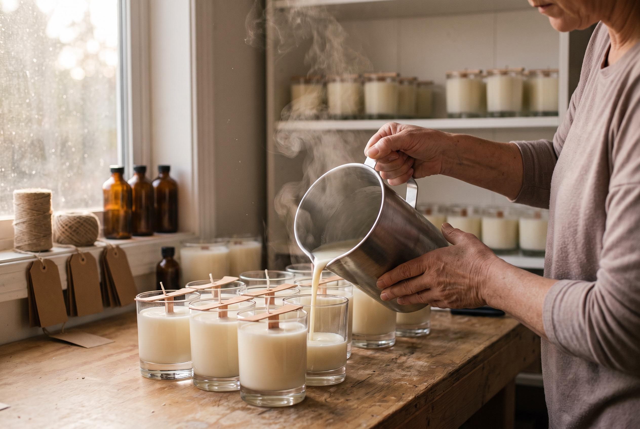Molten cream wax being poured from a steel pitcher into a row of glass tumblers on a workbench