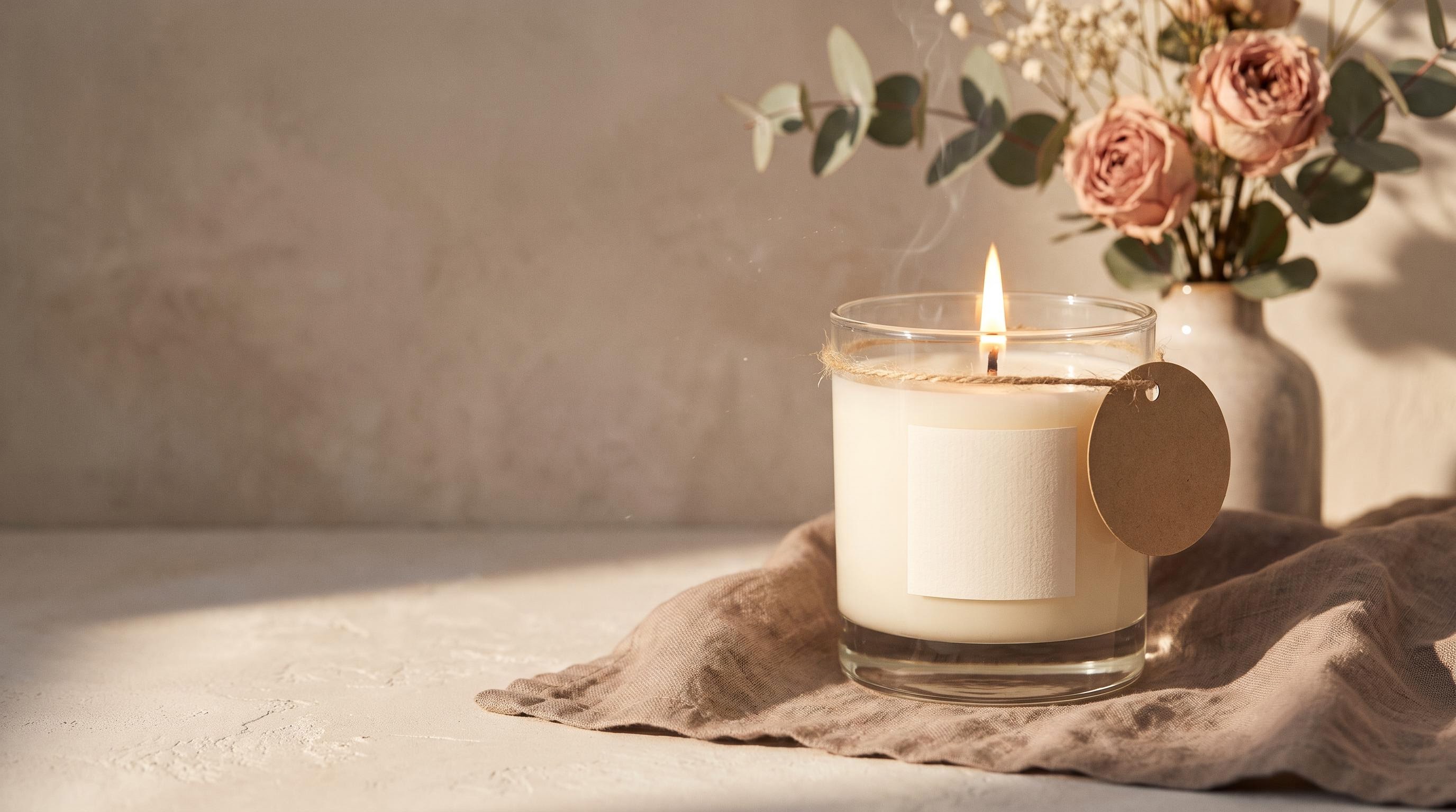 A lit Madeleine Lucia soy candle on washed linen beside dried blush roses and eucalyptus