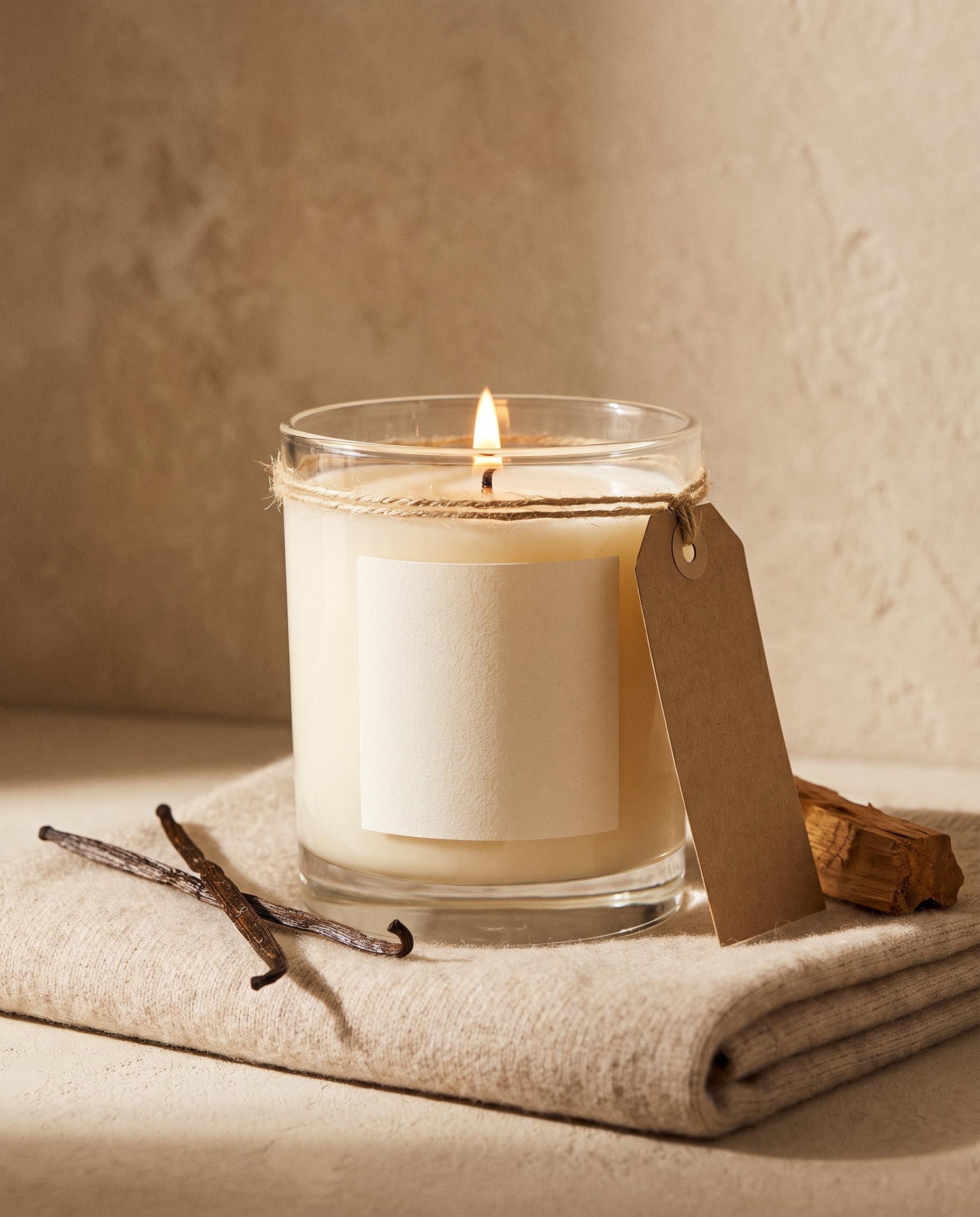 A lit candle resting on a folded cashmere throw